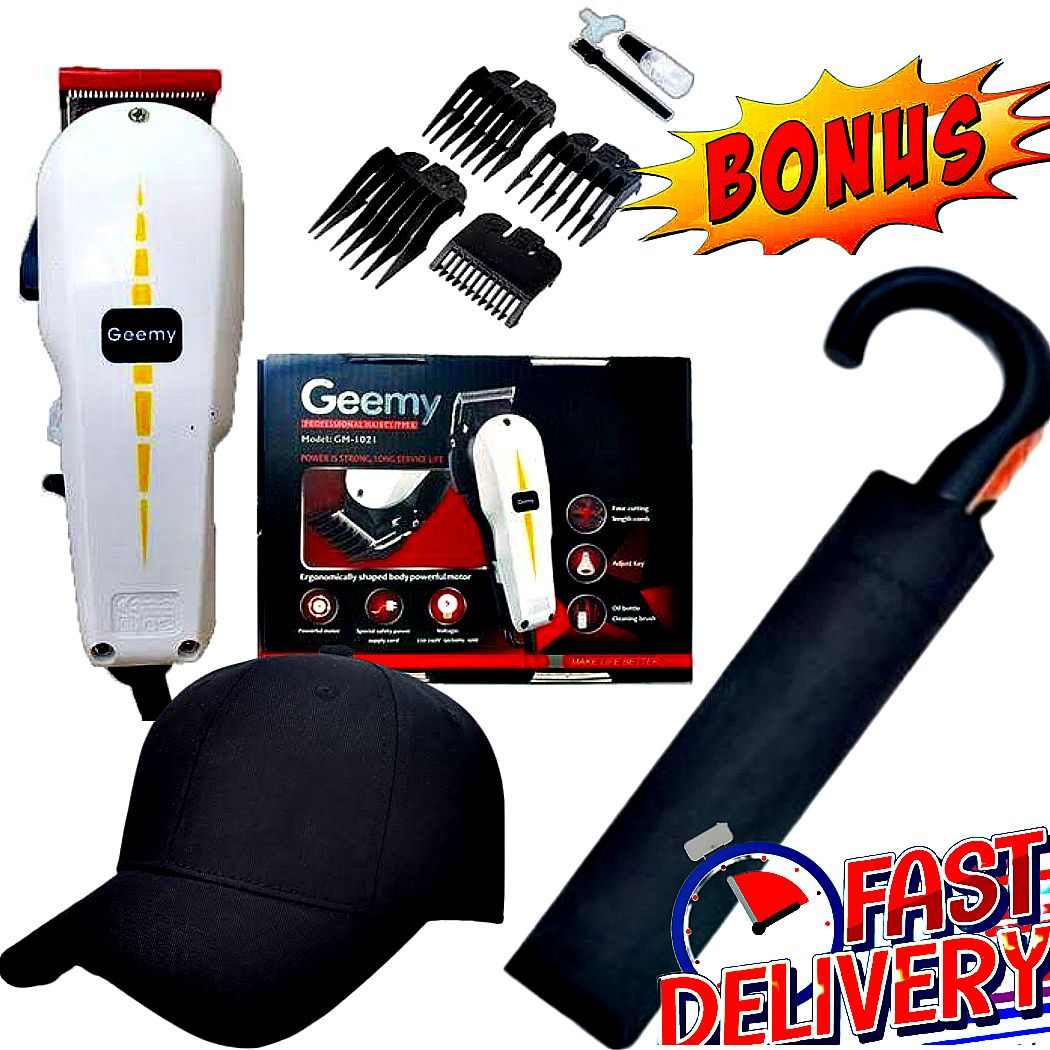 GEEMY ELECTRIC HAIR SHAVER And BEARD TRIMMER BARBERING  KINYOZI MACHINE + EXTRA BONUS CHECKED UMBRELLA COMPACT SIZE WITH OPENING SWITCH & CAP