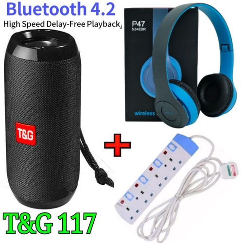 STRONG BASS BLUETOOTH SPEAKER // T&G TG117 PORTABLE BLUETOOTH WIRELESS SPEAKER +P47BLUETOOTH HEADPHONES+4 WAY POWER EXTENSION CABLE