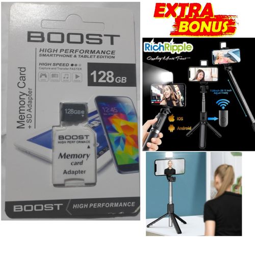 128GB Ultra Memory Card - 128 GB Micro SD Card 128 GB & SD Adaptor Plus Tripod Selfie Stand- Phone Camera Bluetooth Remote Controller