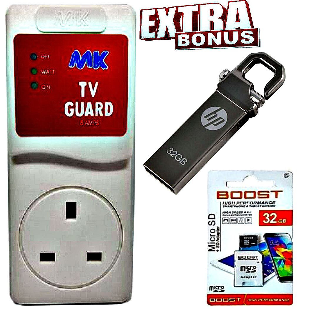 MK TV Guard Surge  Power Voltage Protector +  EXTRA BONUS HP HIGH SPEED USB FLASH DRIVE DISK 32GB & MEMORY CARD 32GB