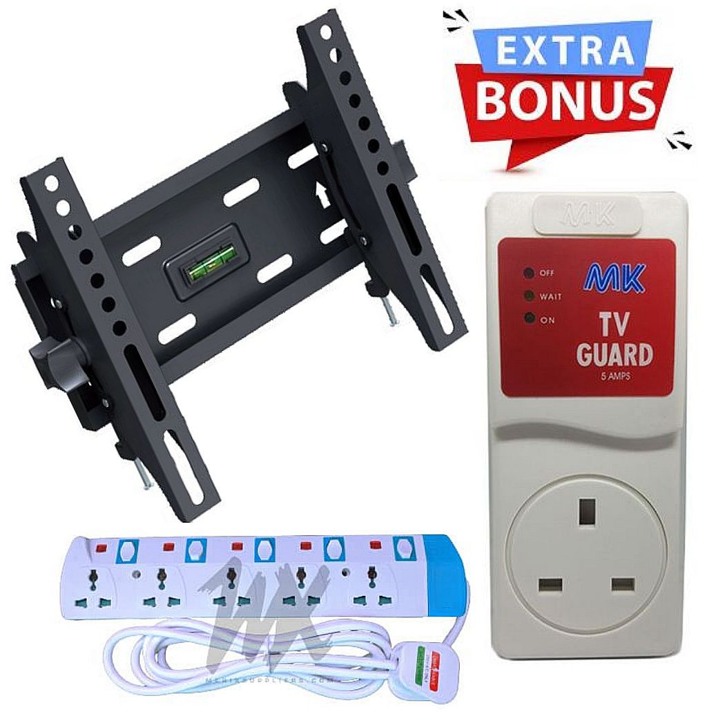 MK TV Guard Surge  Power Voltage Protector +  FREE BONUS 5 way // 5Way Power Extension  With Safety Switches & STRONG TV HOLDER WALL MOUNT BRACKET