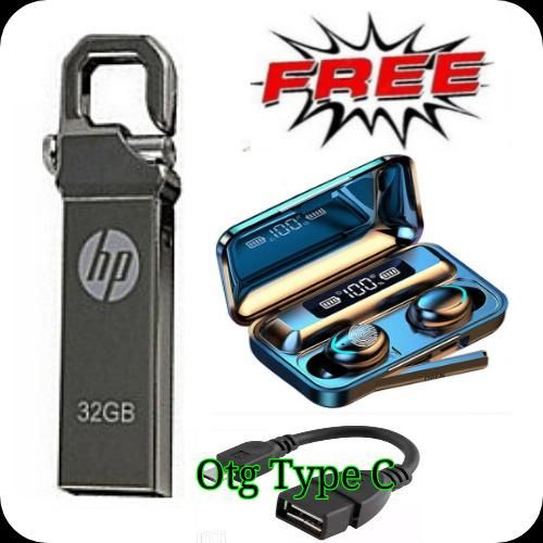 32GB FLASHDISK PEN DRIVE-SILVER // 32GB Flash Disk/32 GB FlashDisk USB Metallic + Free Otg Type C & F9 Bluetooth Earbuds