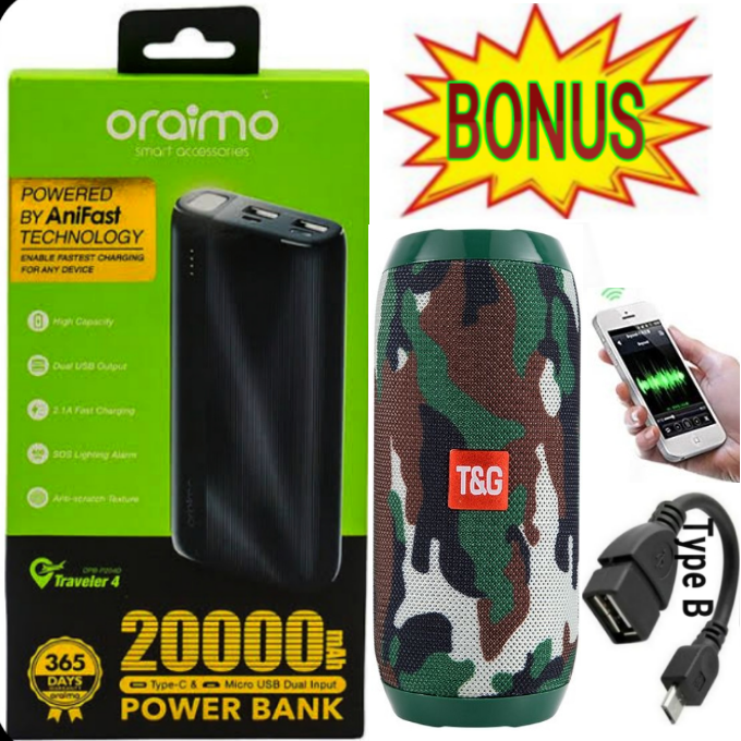 FAST CHARGING PORTABLE POWER BANK // POWERBANK 20000MAH CAPACITY + HIGH POWER BASS PORTABLE BLUETOOTH WIRELESS SPEAKER & OTG CABLE