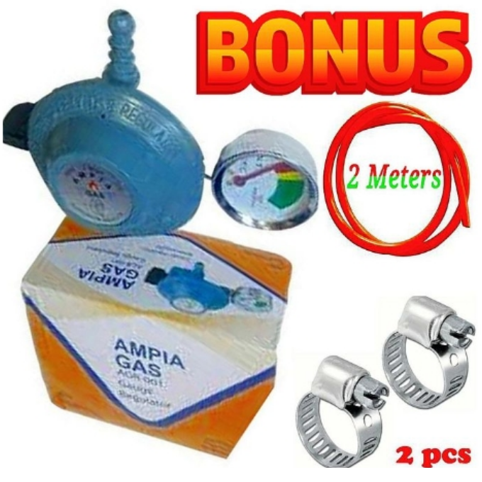 HIGH QUALITY GAS REGULATOR WITH GAUGE FOR 13KG GAS CYLINDER& GAS DELIVERY PIPE 2M  &  GAS SAFETY CLIPS