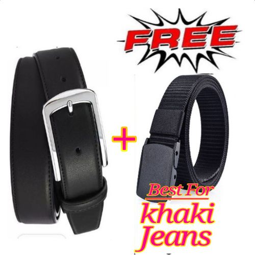Genuine Men's Buckle Pure Leather Male Belt -Black + Free Canvas Plastic Belt