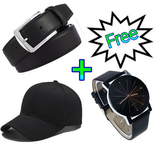 Fashion Men's Buckle Leather Belt -Black + Free Cap & Watch