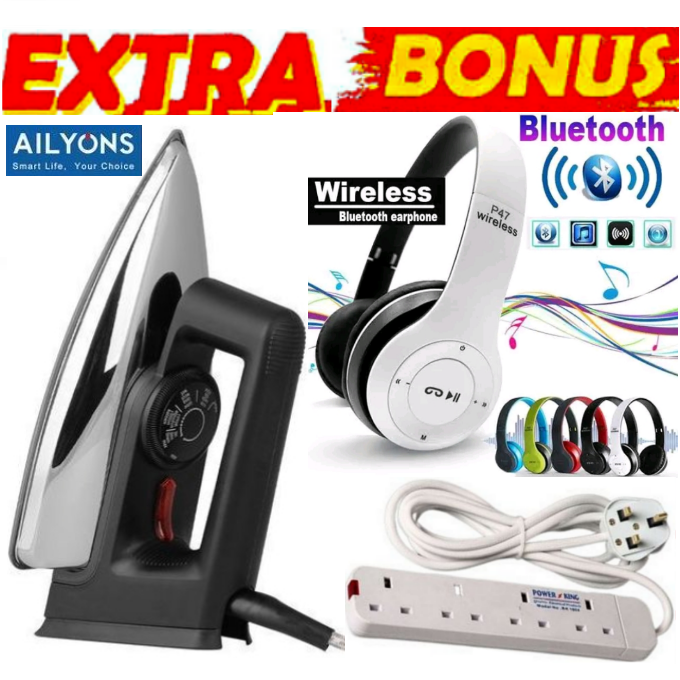 AILYON Quality HD-198A Electric Dry Iron Box // Ironbox + P47 BLUETOOTH WIRELESS HEADPHONES & 4 WAY POWER EXTENSION CABLE SOCKET