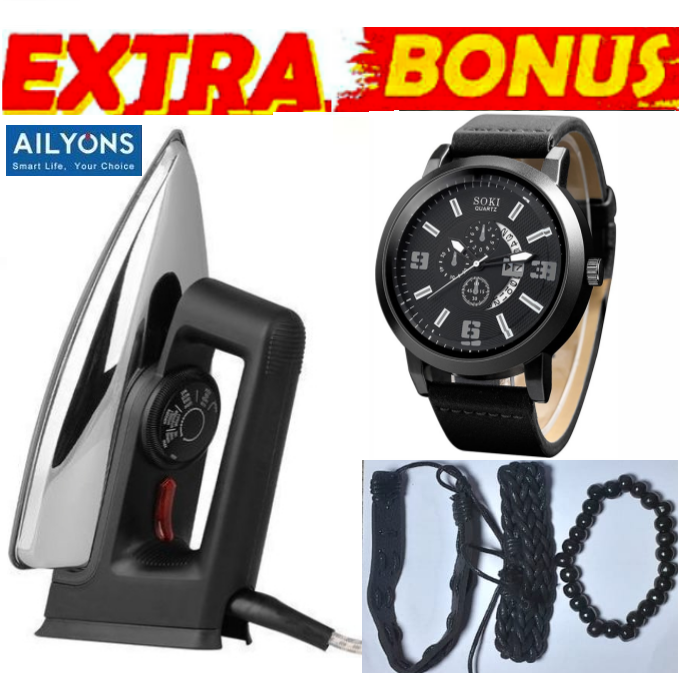 AILYON Quality HD-198A Electric Dry Iron Box // Ironbox + FORMAL CLASSIC LEATHER WRIST WATCH & JEWELLERY