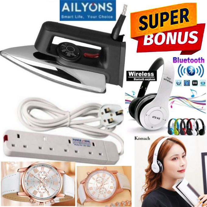 AILYON Quality HD-198A BEST Electric Dry Iron Box // Ironbox + P47 BLUETOOTH WIRELESS HEADPHONES , 4 WAY POWER EXTENSION CABLE SOCKET & LADIES LUXURIOUS WRIST WATCH