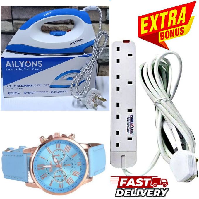 BEST SELLING AILYON HIGH Quality HD-198A Electric Dry Iron Box // Ironbox - White & Blue + EXTRA FREE GIFT LUXURIOUS WRIST 
WATCH & 4 WAY POWER EXTENSION WITH CABLE SOCKET