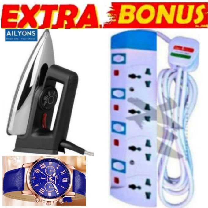 AFFORDABLE BEST ELECTRIC IRON BOX-1000W  AILYON Quality HD-198A Electric Dry Iron Box // Ironbox + BONUS POWER STRIP 4-WAY POWER EXTENSION CABLE SOCKET WITH SAFETY SWITCHES & LUXURIOUS WRIST WATCH