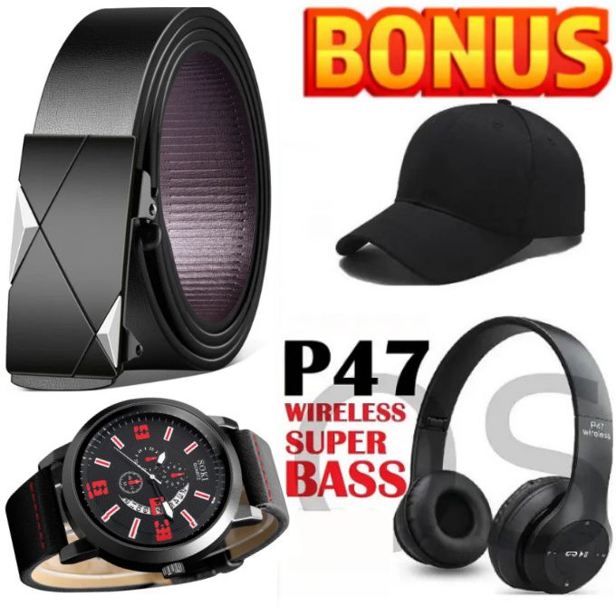 Official Buckle Belt for Men & Gentlemen + Bluetooth Wireless Headphones, Cap , Watch & Bracelets