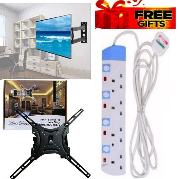 Home Design QUALITY & HEAVY DUTY FULL MOTION 360 DEGREE TV MOUNT - 14 INCH -55 INCH TILT ROTATING WALL MOUNT BRACKET + EXTRA BONUS 4 WAY POWER EXTENSION CABLE SOCKET