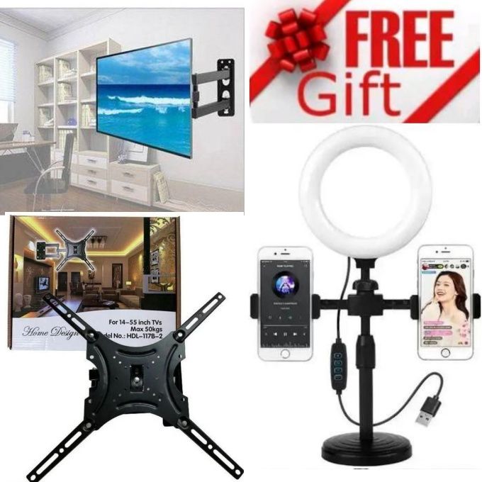 Home Design Heavy Duty Full Motion 360 Degree TV MOUNT - 14 inch -55 inch TILT ROTATING WALL MOUNT BRACKET + EXTRA GIFT  SMARTPHONE SELFIE TRIPOD STAND RINGLIGHT WITH DOUBLE PHONE HOLDERS
