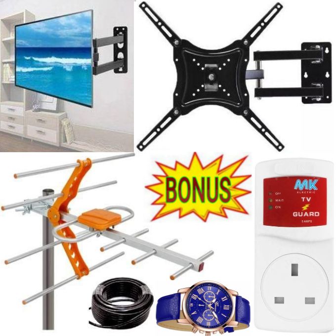 Home Design QUALITY & HEAVY DUTY FULL MOTION 360 DEGREE TV MOUNT - 14 INCH -55 INCH TILT ROTATING WALL MOUNT BRACKET , TV GUARD VOLTAGE POWER PROTECTOR, TV AERIAL ANTENNA & WATCH