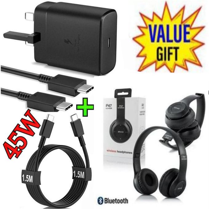 BEST Samsung  CHarger Galaxy 45 Watts Super Fast Charger adapter With Type C output With Cable Included for Galaxy A17,A07SA06,A06S,A16, A07, A17, A26,A36,A56,A04 ,05,A05s + BLUETOOTH  HEADPHONES
