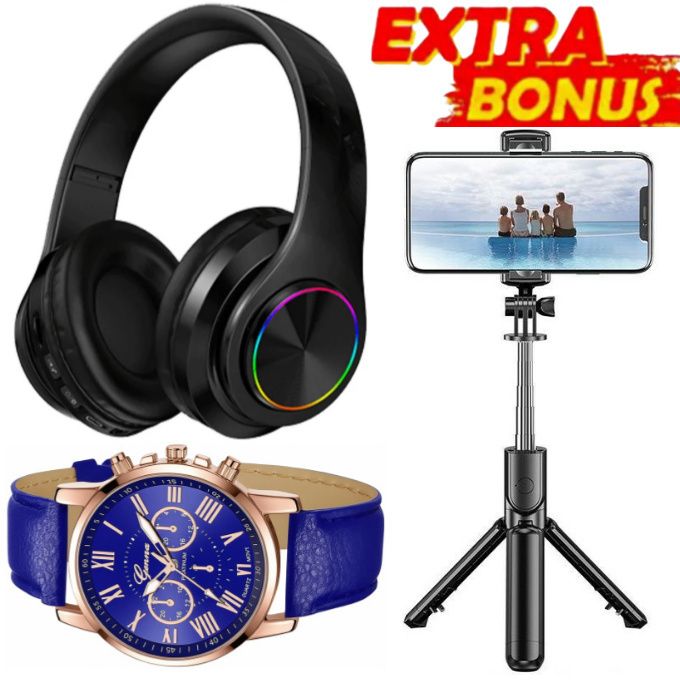 BLUETOOTH WIRELESS HEADPHONES, Comfortable Over-Ear Foldable Bluetooth Headphones For Iphone & Android + Gift Tripod Selfie Stand & Ladies Watch