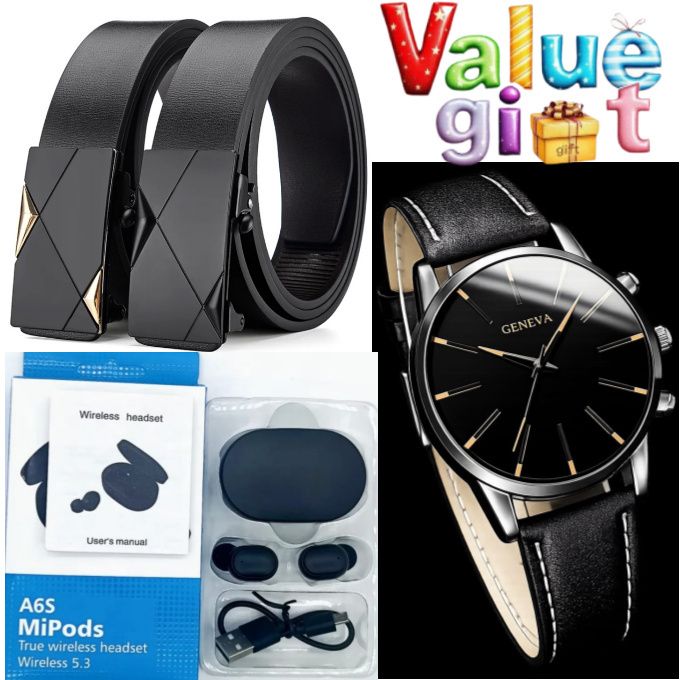 DOUBLE PACK Men's Official Wear MEN'S BELTS //Belt For Well Fitting Khaki Trousers,Jeans,Suits & Shorts + Multi-Device Compatible Bluetooth Earpods// Powerful Sound Bluetooth Wireless Earbuds & Watch