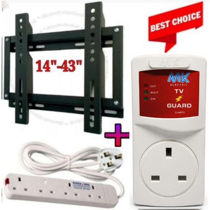 MK Smart TV Guard Voltage Power Protector Against Power Surges & Fluctuations // 14,22,24,32,39,40,42 &43 Inch TV Wall Mounting Bracket +Electronic TV Guard +4 Way Power Extension