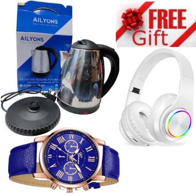 Efficient Electric Water Heater Kettle Jug with Detachable Base // Affordable Electric Water Boiler Jug Safe & Quick Heating +  HOME BEST Bluetooth Wireless Headphones & Ladies Watch , 3 Table Towels