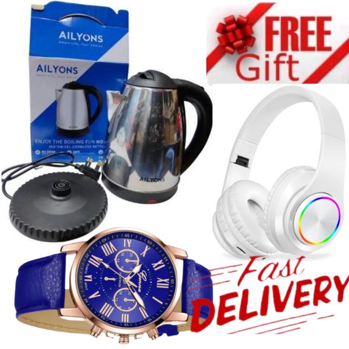 Efficient Electric Water Heater Kettle Jug with Detachable Base // Affordable Electric Water Boiler Jug Safe & Quick Heating +  HOME BEST Bluetooth Wireless Headphones & Ladies Watch , 3 Table Towels