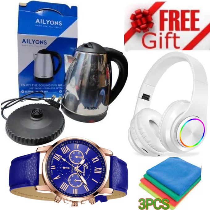 Efficient Electric Water Heater Kettle Jug with Detachable Base // Affordable Electric Water Boiler Jug Safe & Quick Heating +  HOME BEST Bluetooth Wireless Headphones & Ladies Watch , 3 Table Towels