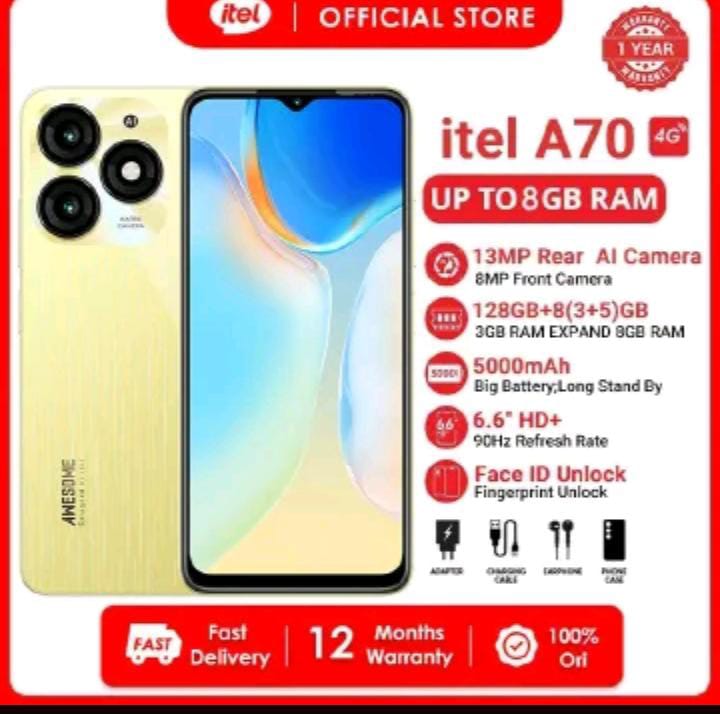 Itel A70 8GB (3+5) + 128GB Storage 6.6" screen 4G Network phone Dual sim 13MP Camera 5000mAh Battery fingerprint unlock smartphones