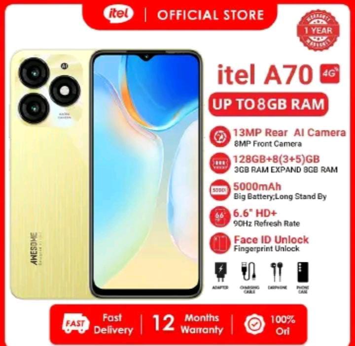 Itel A70 8GB (3+5) + 128GB Storage 6.6" screen 4G Network phone Dual sim 13MP Camera 5000mAh Battery fingerprint unlock smartphones