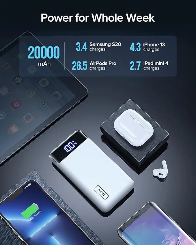 Fast Charging Wireless Powerbank 20000mAh Built in 4 Cable Digital Display Portable Large Capacity Power Bank