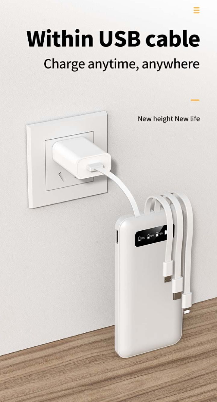 Excellent Power Bank 20000mAh 12000mAh & 10000mAh Cable Charger PowerBank Charging Cables For ALL Phones Supports FAST Charging High Power Capacity; 20,000mAh Best for travellers phone