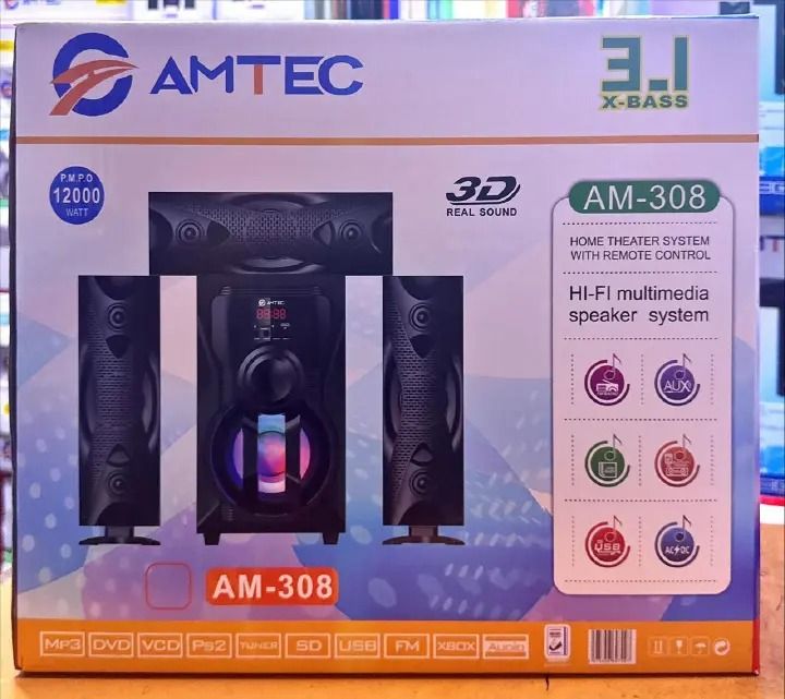 Amtec AM-308 3.1CH X-BASS Multimedia Home Theater System – 12000W PMPO Sub Woofer Speaker System