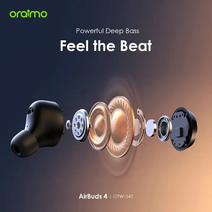 Oraimo AirBuds 4 ENC True Wireless Earbuds Powerful Bass IPX7 Waterproof TWS True Wireless Earbuds - Earpho 38-Hr Long Playtime Black