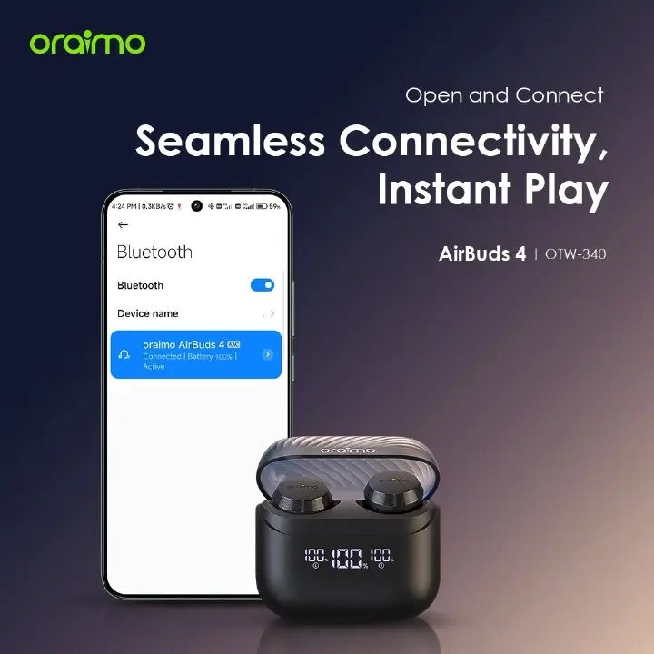 Oraimo AirBuds 4 ENC True Wireless Earbuds Powerful Bass IPX7 Waterproof TWS True Wireless Earbuds - Earpho 38-Hr Long Playtime Black