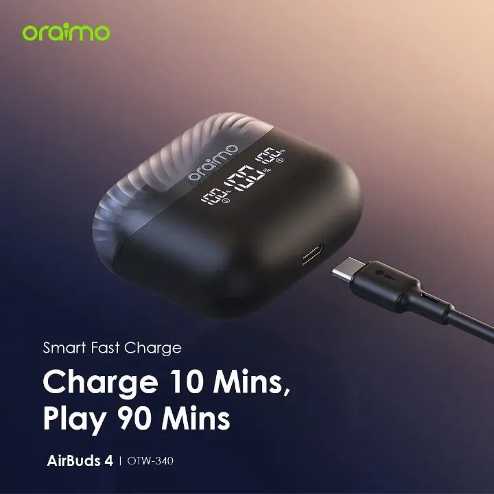 Oraimo AirBuds 4 ENC True Wireless Earbuds Powerful Bass IPX7 Waterproof TWS True Wireless Earbuds - Earpho 38-Hr Long Playtime Black