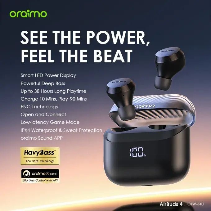 Oraimo AirBuds 4 ENC True Wireless Earbuds Powerful Bass IPX7 Waterproof TWS True Wireless Earbuds - Earpho 38-Hr Long Playtime Black