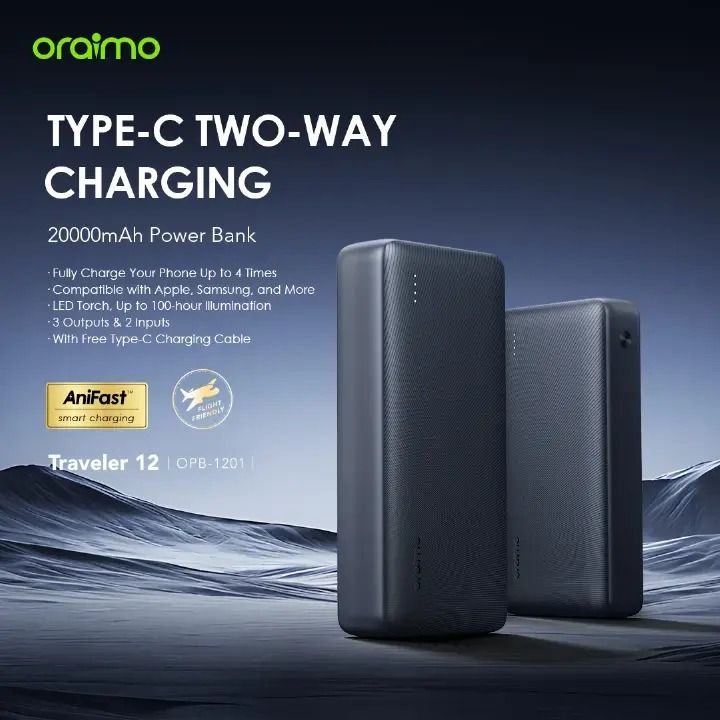 Oraimo Traveller Power Bank 27000mAh 20000mAh 10000mAh 12W Smart Fast Charging Slim Portable Power Bank type C in/out Charging universal Compatibility Powerbank with overcharge protection