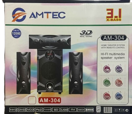 AMTEC AM-304 3.1CH HI-FI 12000W PMPO Multimedia Speaker System Sub Woofer Bluetooth Home Theater System with Remote -FM,USB,SD- Amtec 304 3D Real sound Bass