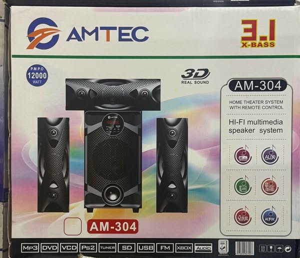 AMTEC AM-304 3.1CH HI-FI 12000W PMPO Multimedia Speaker System Sub Woofer Bluetooth Home Theater System with Remote -FM,USB,SD- Amtec 304 3D Real sound Bass