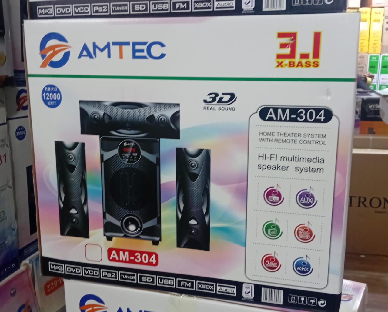AMTEC AM-304 3.1CH HI-FI 12000W PMPO Multimedia Speaker System Sub Woofer Bluetooth Home Theater System with Remote -FM,USB,SD- Amtec 304 3D Real sound Bass
