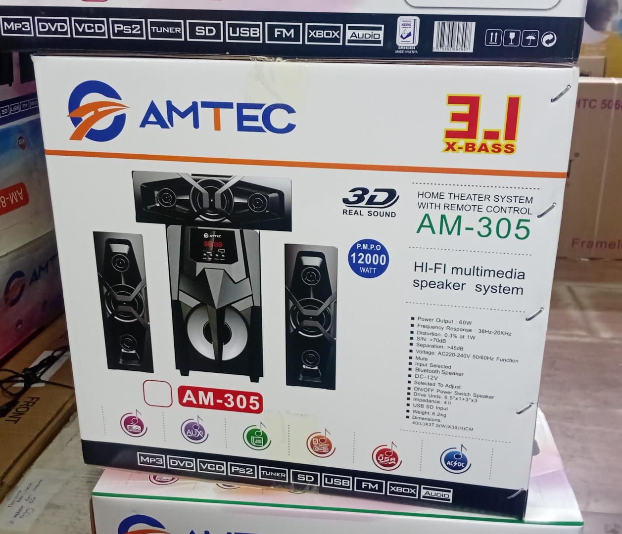 AMTEC AM-305 3.1CH HI-FI 12000W PMPO Multimedia Speaker System Sub Woofer Bluetooth Home Theater System with Remote -FM,USB,SD- Amtec 305 3D Real sound Bass