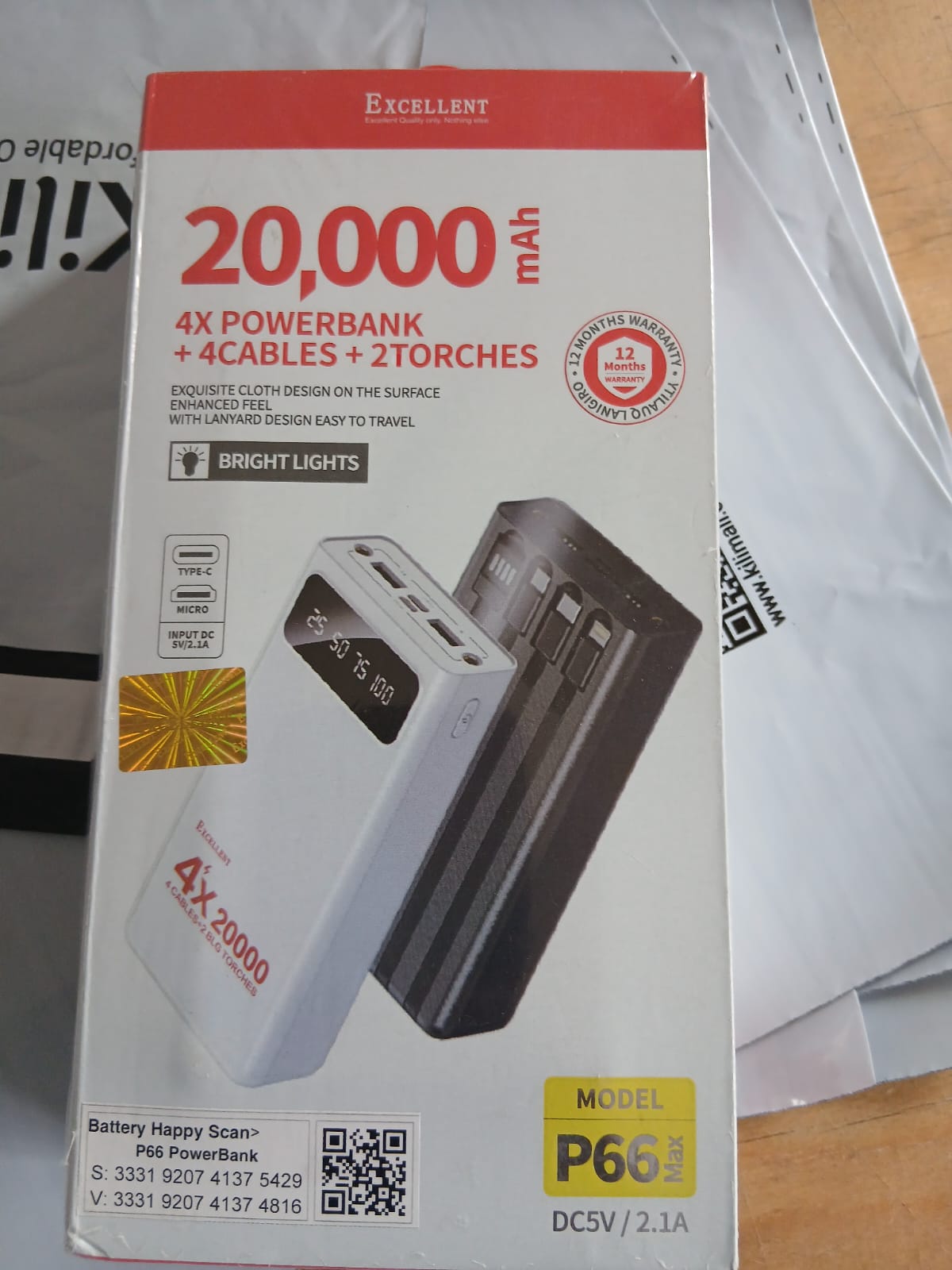 Excellent Power Bank 20000mAh 12000mAh & 10000 4 Cable Charger 2 Torches PowerBank Charging Cables For ALL Phones Supports FAST Charging High Power Capacity; 20,000mAh Best for travellers