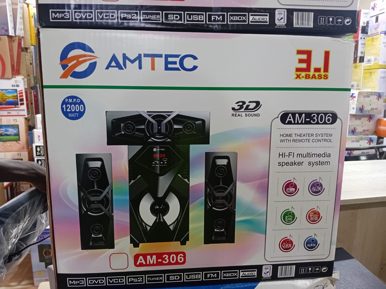 AMTEC AM-306 3.1CH HI-FI 12000W PMPO Multimedia Speaker System Sub Woofer Bluetooth Home Theater System with Remote -FM,USB,SD- Amtec 305 3D Real sound Bass