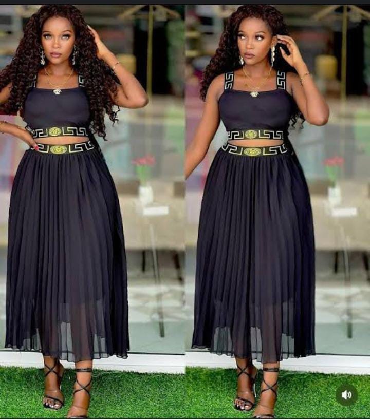 Elegant Black Pleated Maxi Dress with Greek Key Belt