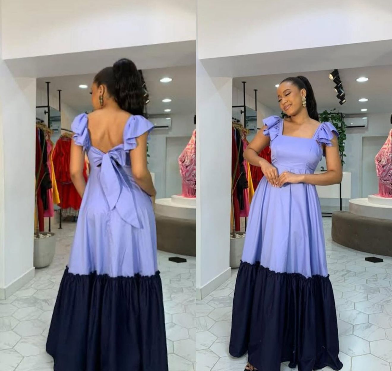 Two-Tone Ruffle Sleeve Maxi Dress with Back Tie Detail