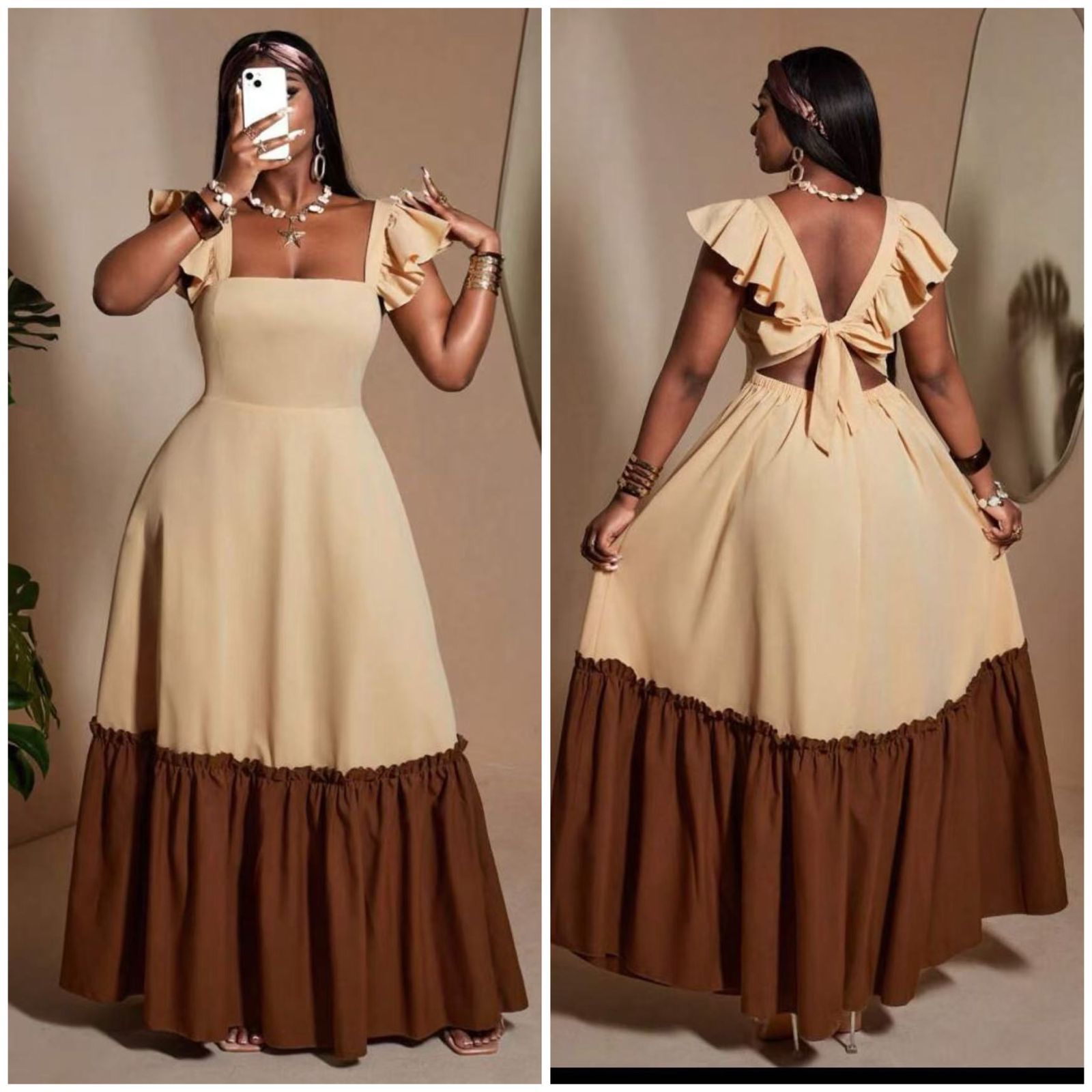 Two-Tone Ruffle Sleeve Maxi Dress with Back Tie Detail