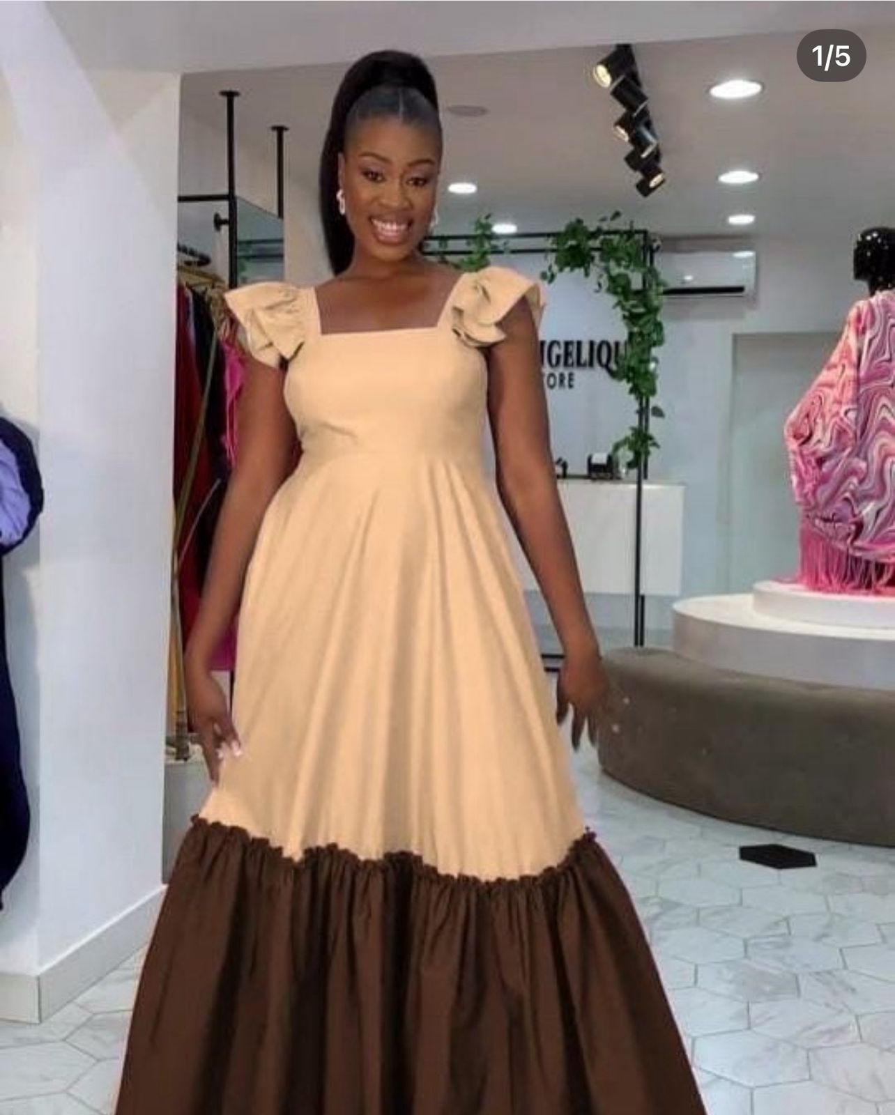 Two-Tone Ruffle Sleeve Maxi Dress with Back Tie Detail