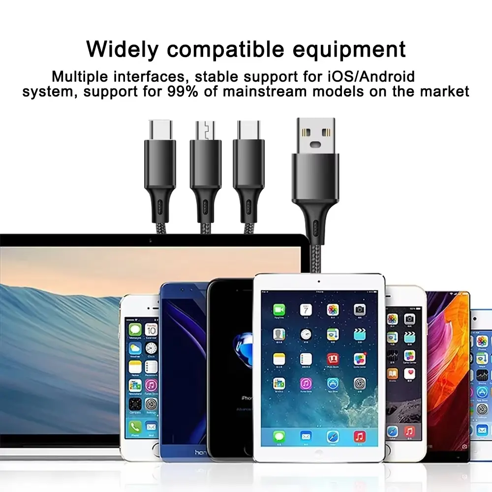 3-in-1 Multi-USB Fast Charging USB Cable for iPhone, Android Type B(Micro-USB), and Type-C Devices – Durable & Universal Compatibility