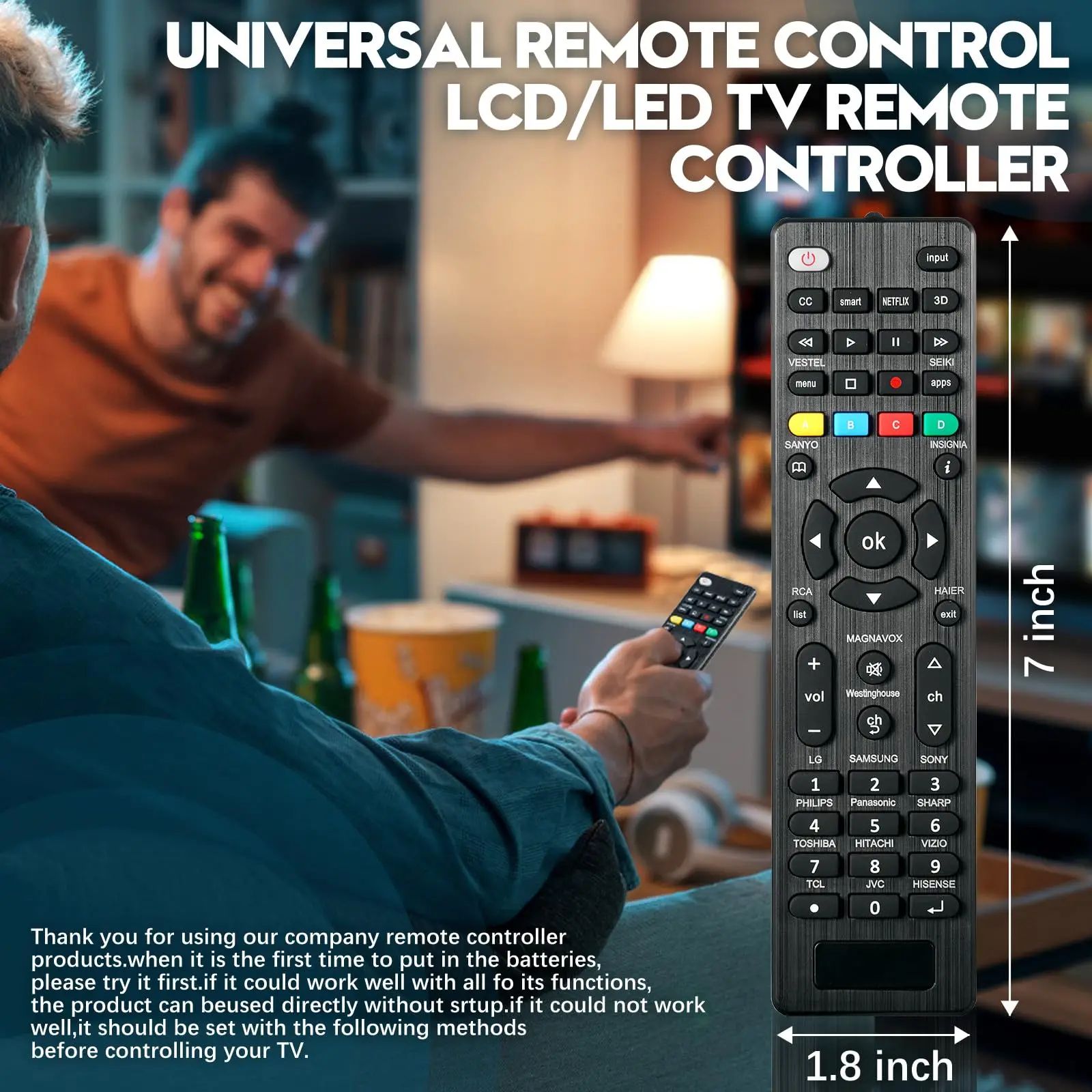 Universal  Led TV Remote Control for LG, Samsung, Sony, Philips, Sharp, VIZIO, TCL, JVC, Hisense & More – Durable Infrared Remote for Led Tvs