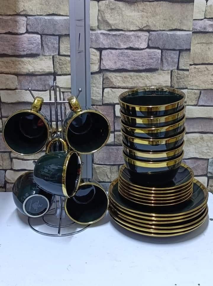 24 pcs dinner set Black with gold line dinner set of 6 bowls, 6 cups, 6 plates, 6 side plates