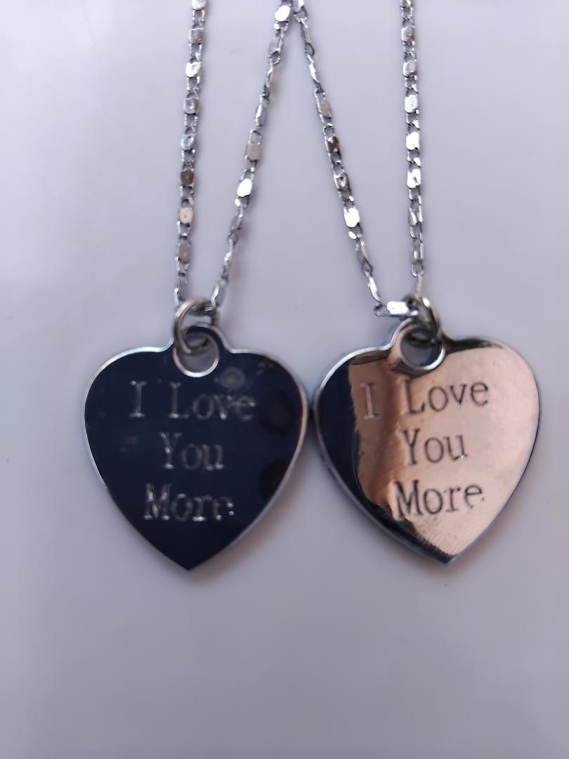 "Love You Couple Necklace Set - Silver Non-Tarnish Stainless Steel Chains with 'Love You More' Pendant - Durable & Stylish His and Hers Necklace Set for Couples"